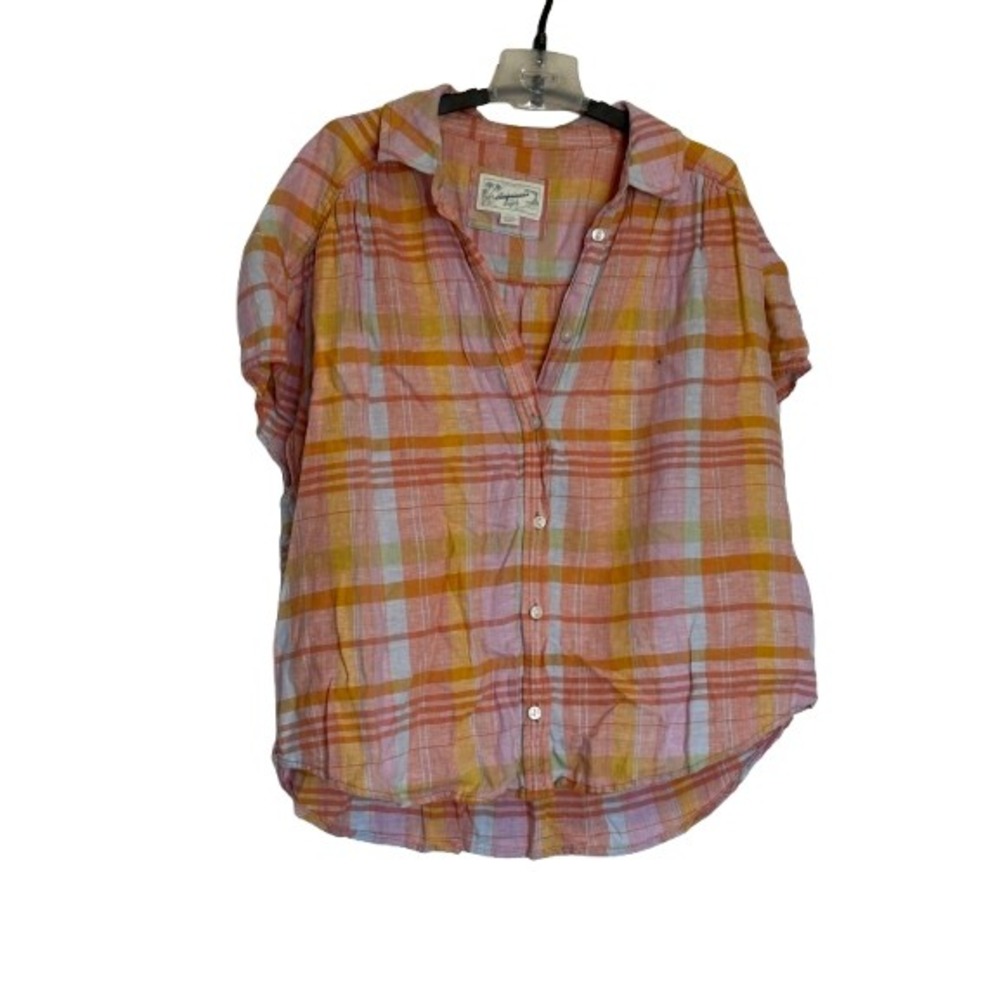 SALE-American Eagle Pink Orange Plaid Short Sleeve Button Down Shirt Womens S